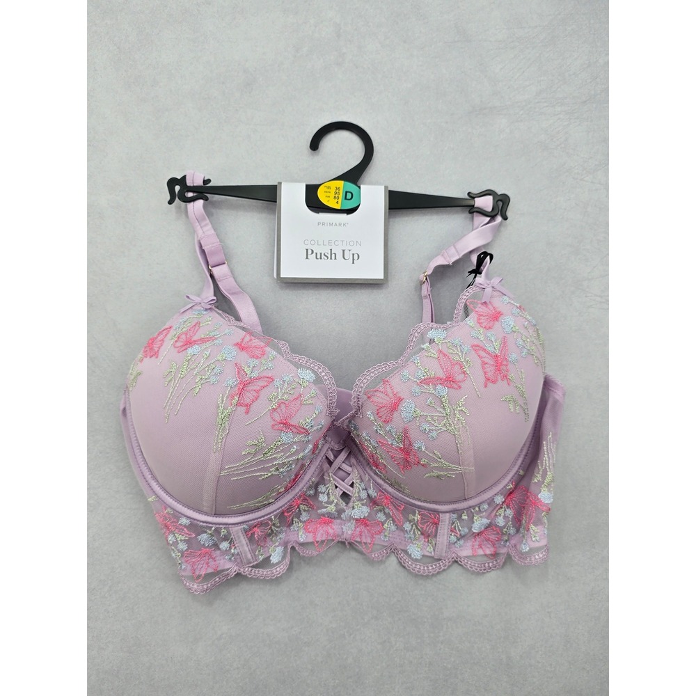 Purple Lace Embroidered Floral Wired Bra 36D Wedding Fairy Sexy Push Up Lingerie